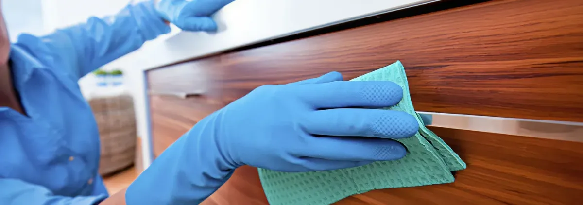 Cleaner wearing blue gloves wiping a wooden cabinet drawer with a microfiber cloth for dust and grime removal, San Francisco, CA.