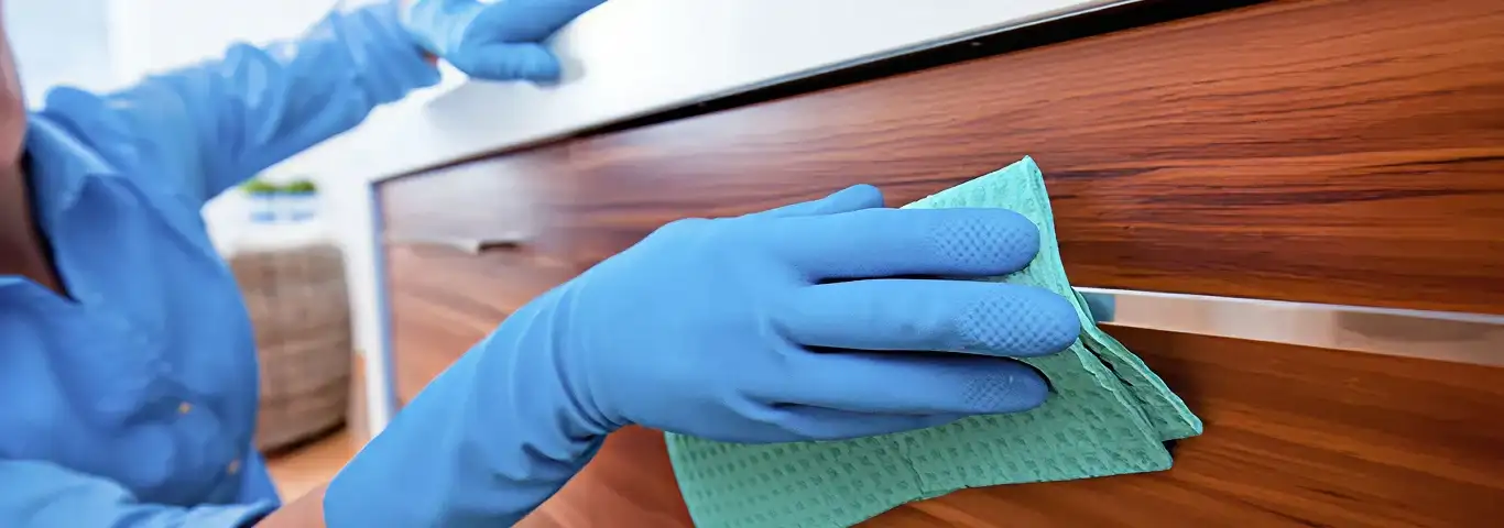 Cleaner wearing blue gloves wiping a wooden cabinet drawer with a microfiber cloth for dust and grime removal, San Francisco, CA.