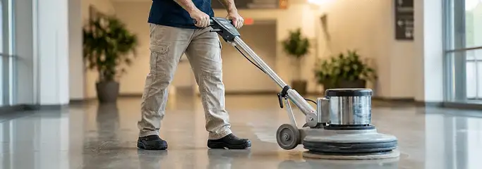 Professional technician using an industrial floor buffer to polish and maintain shiny commercial flooring in a corporate hallway in San Francisco, CA.