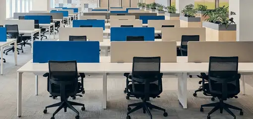 Modern open-plan office space featuring clean workstations, ergonomic chairs, and sanitized carpets provided by professional office cleaning services in San Francisco, CA.