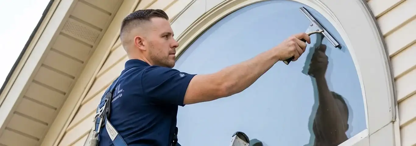 Professional window cleaner using a squeegee to clean an exterior arched window on a home, San Francisco, CA.