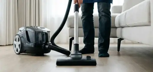 Professional house cleaner vacuuming a living room floor with a canister vacuum cleaner, San Francisco, CA.
