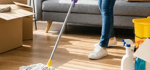 Move-out cleaning setup with a cleaner mopping hardwood floors near moving boxes and cleaning supplies, San Francisco, CA.