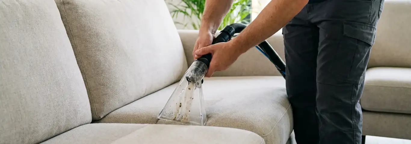 Technician extracting dirt and moisture from a fabric sofa with an upholstery cleaning wand, San Francisco, CA.