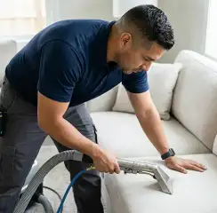Professional upholstery cleaning technician using an extraction wand to deep-clean a fabric sofa, San Francisco, CA.