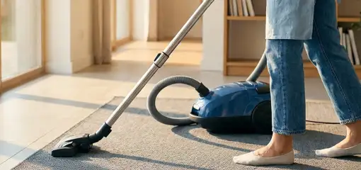 Person vacuuming a living room rug with a canister vacuum cleaner near large windows, San Francisco, CA.